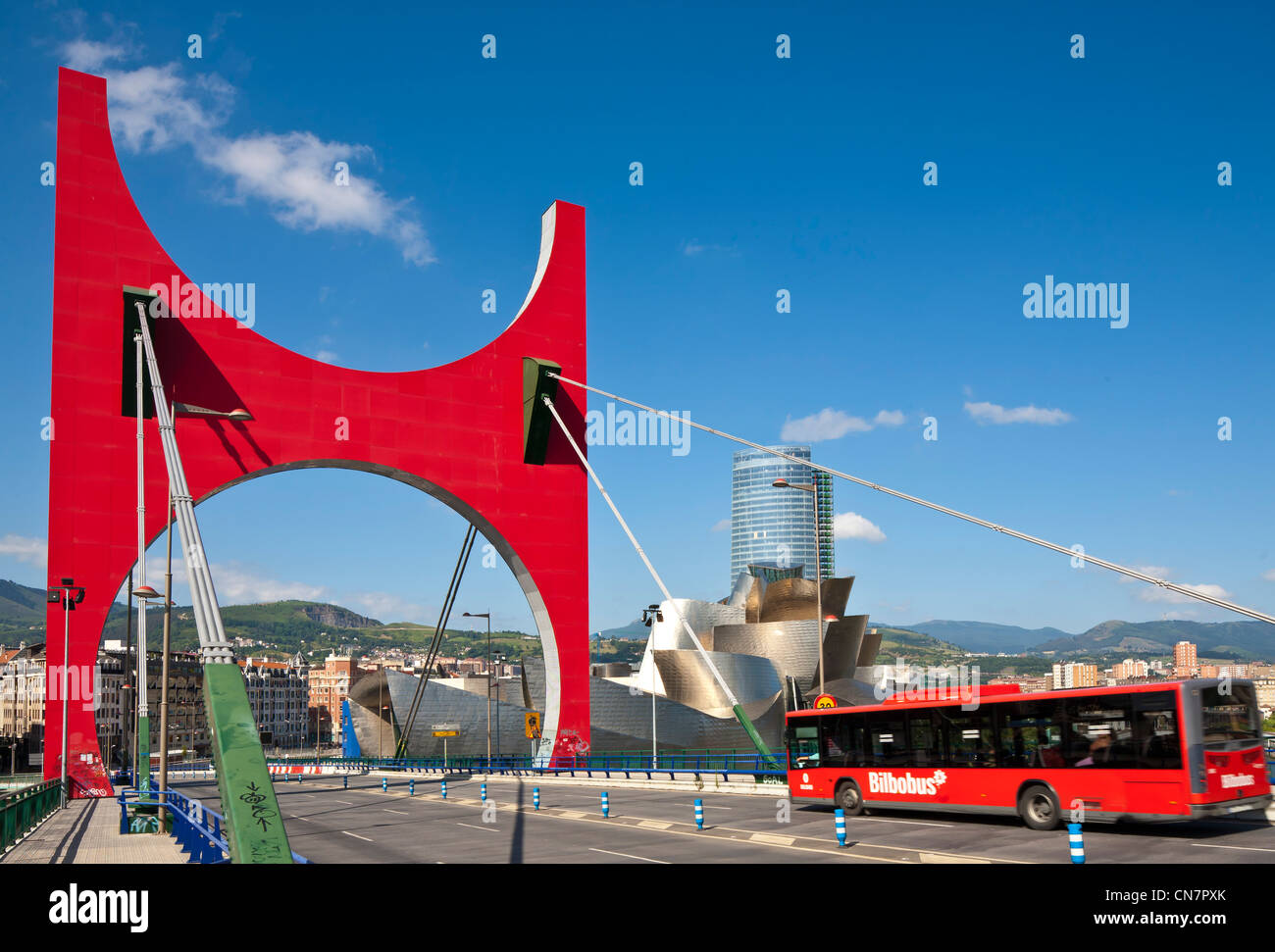 Spain, Biscaye, Spanish Basque Country, Bilbao, the Salve bridge with Les Arches Rouges artpiece by French artist Daniel Buren Stock Photo