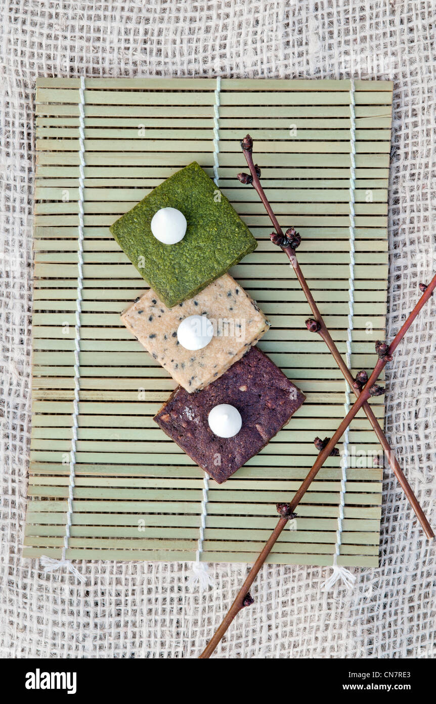 japanese cookies on bamboo carpet Stock Photo