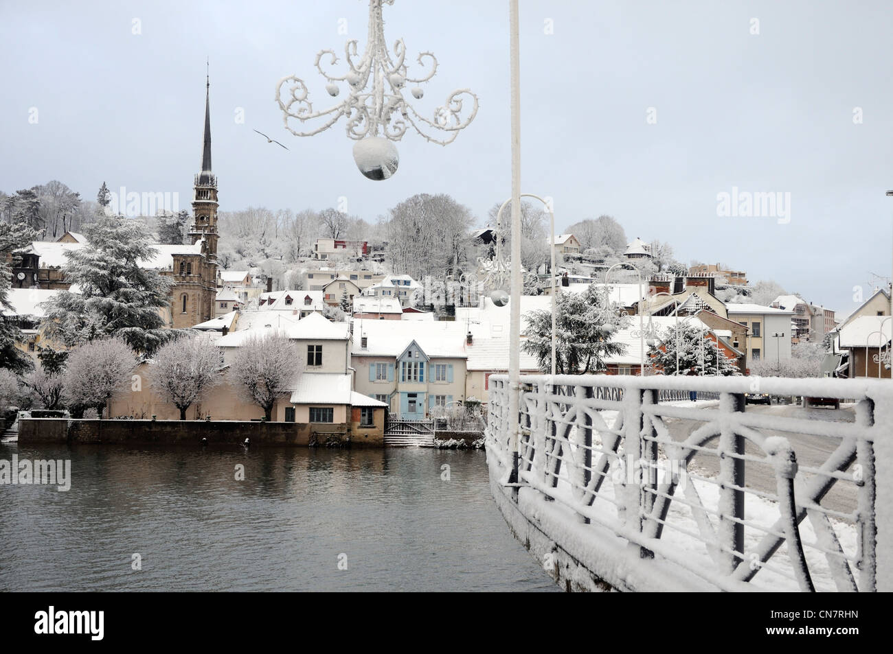 France, Doubs, Montbeliard, the Allan River under the snow Stock Photo