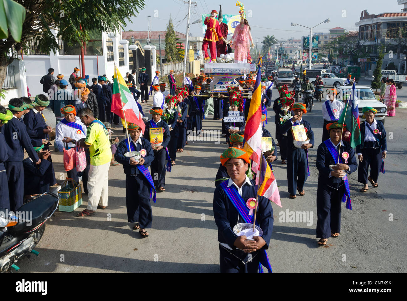 Yearly procession to monastery on Pa Oh minority National Day. Taungyi. Southern Shan State. Myanmar. Stock Photo