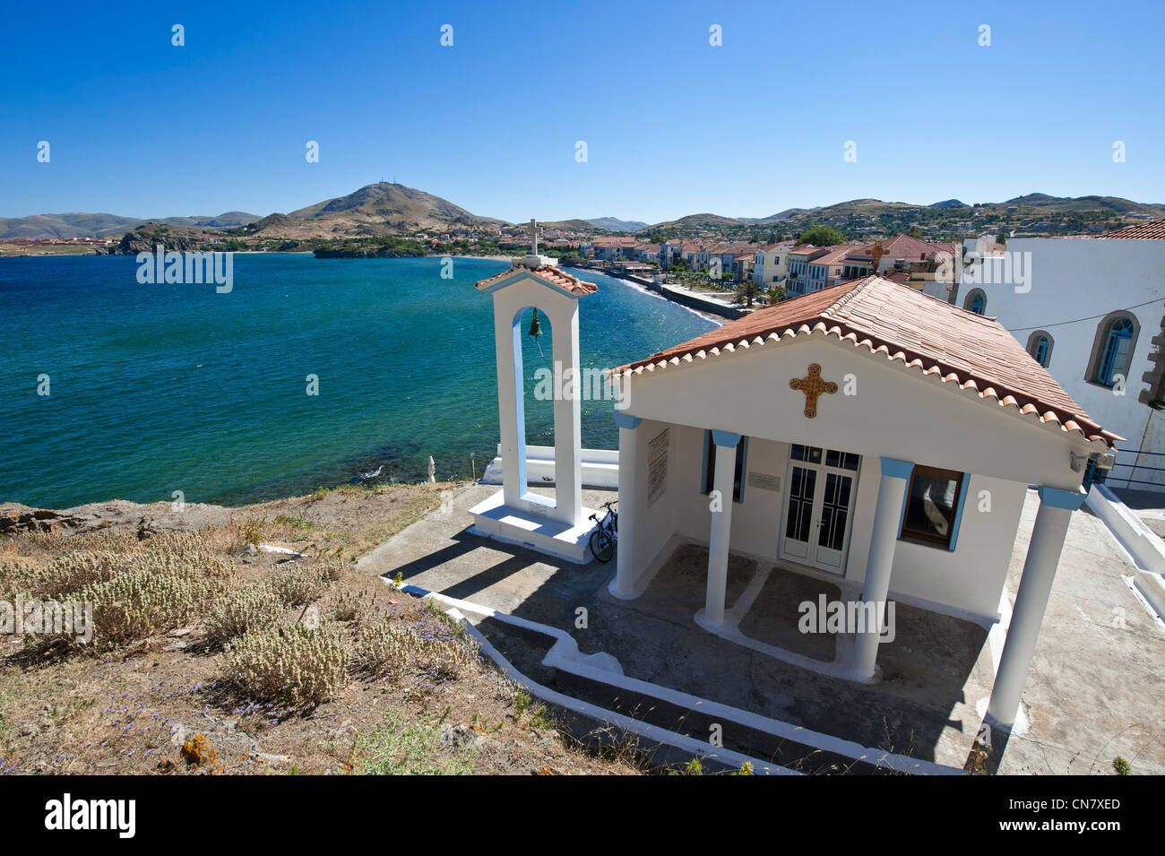 Greece, Lemnos Island, Myrina, capital town and main harbour of the island, the church Agia Paraskevi at the bottom of the Stock Photo