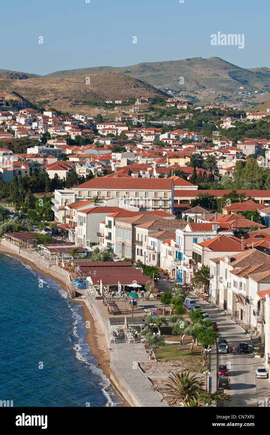 Greece, Lemnos Island, Myrina, capital town and main harbour of the island, Romeikos Gialos beach and the Neoclassical Stock Photo