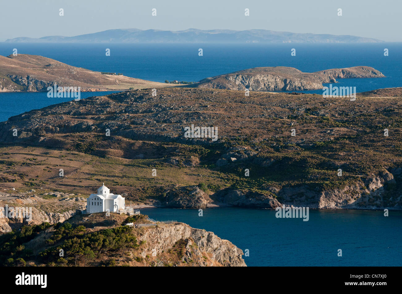 Greece, Lemnos Island, Myrina, capital town and main harbour of the island, the church Agios Nikolaos at the entrance of the Stock Photo