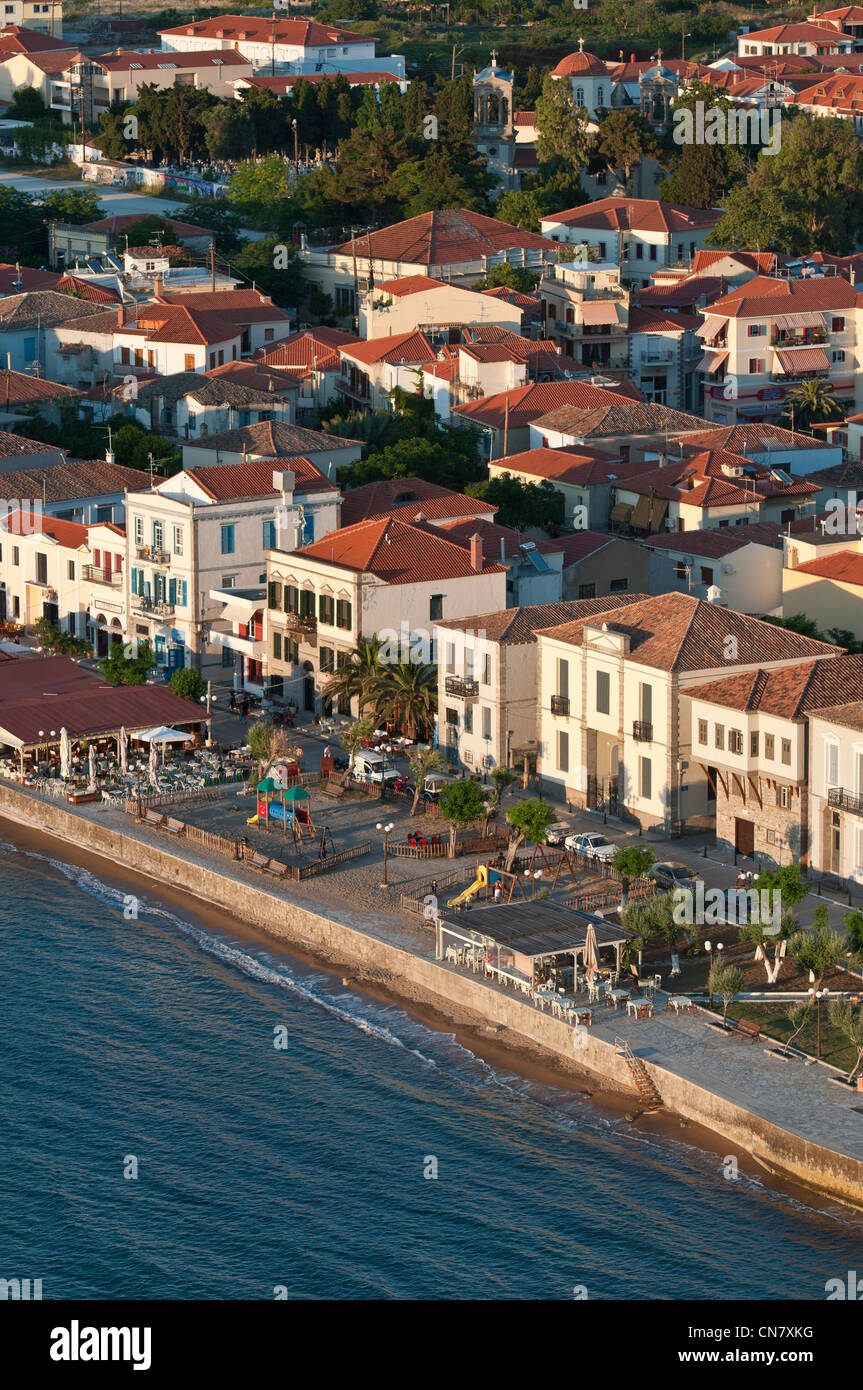 Greece, Lemnos Island, Myrina, capital town and main harbour of the island, Romeikos Gialos beach and the Neoclassical Stock Photo