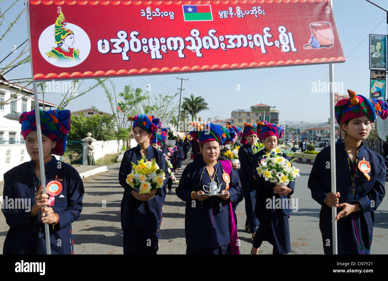 Yearly procession to monastery on Pa Oh minority National Day. Taungyi. Southern Shan State. Myanmar. Stock Photo