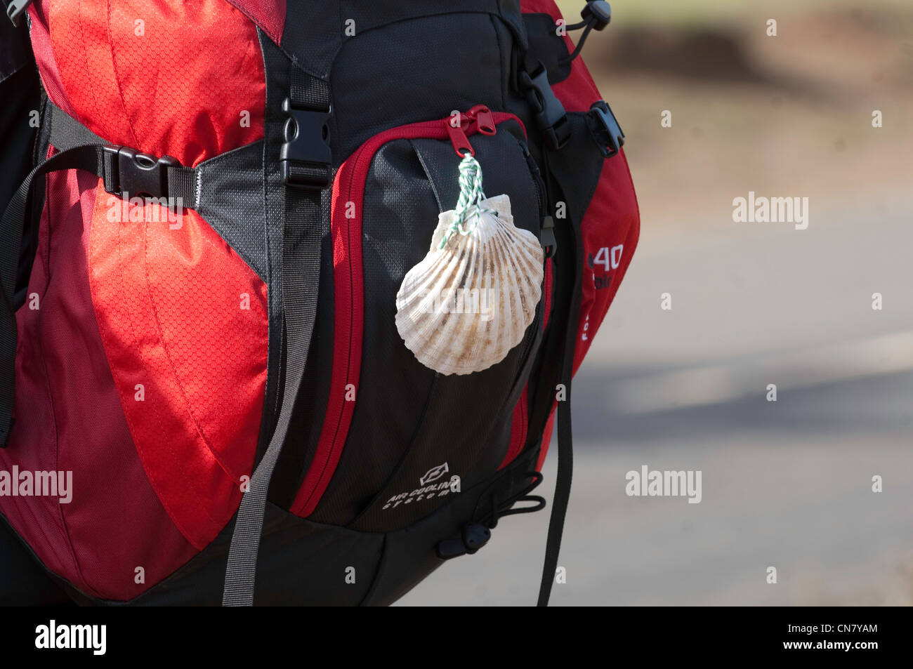 Spain, Castile and Leon, Cruz de Ferro, pilgrim's bagpack with the Santiago shell, symbol of the spiritual quest, at the Stock Photo