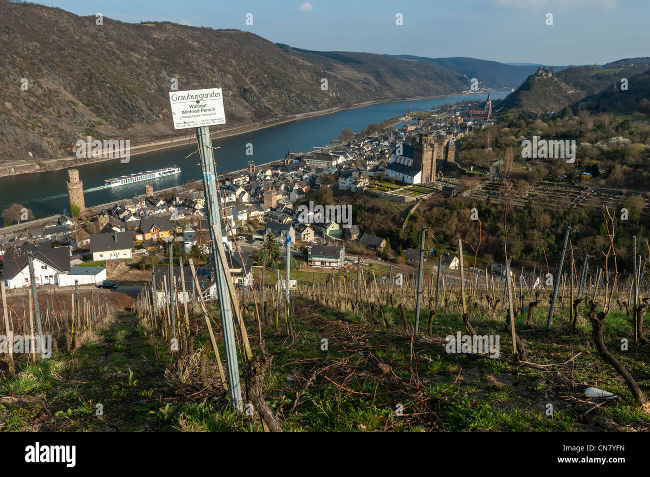View of UNESCO listed 'Upper Middle Rhine Valley' from above Oberwesel, Rhineland Palatinate, Germany. Stock Photo