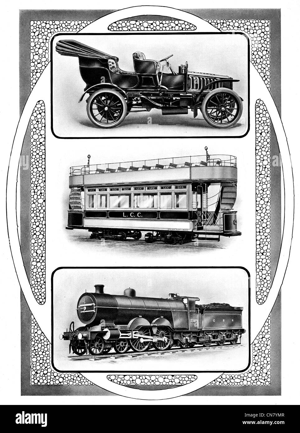 1900 Car Tram Train Vehicle Public Transport Locomotive steam engine railway Stock Photo