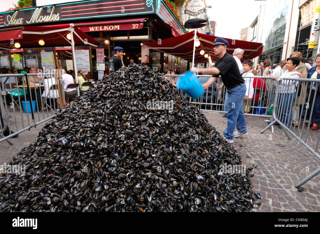 France, Nord, Lille, Braderie de Lille (Flea Market), pile of mussels
