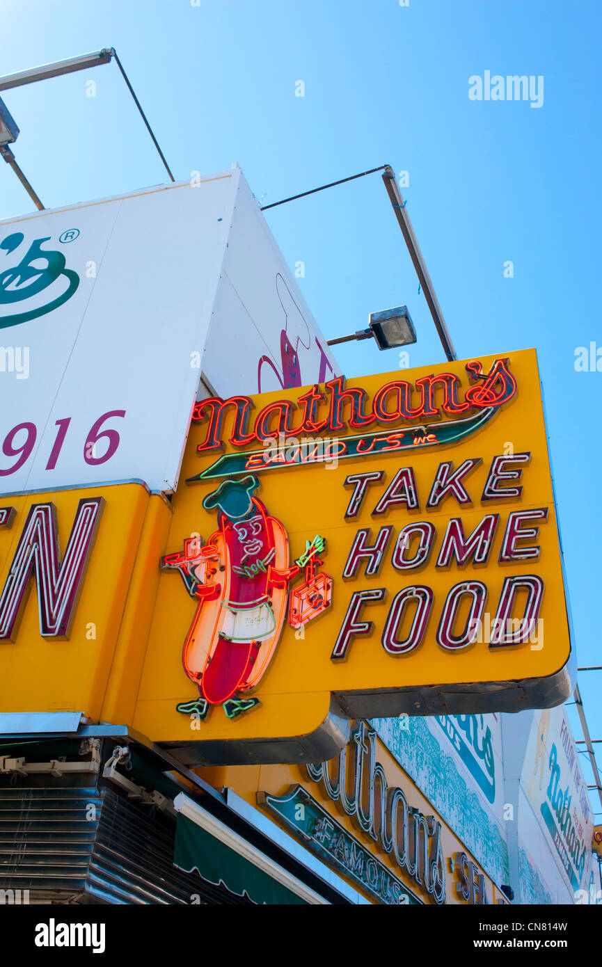 USA  New York City Brooklyn NY NYC Coney Island Nathan's Hot Dogs exterior sign of the the original location Stock Photo