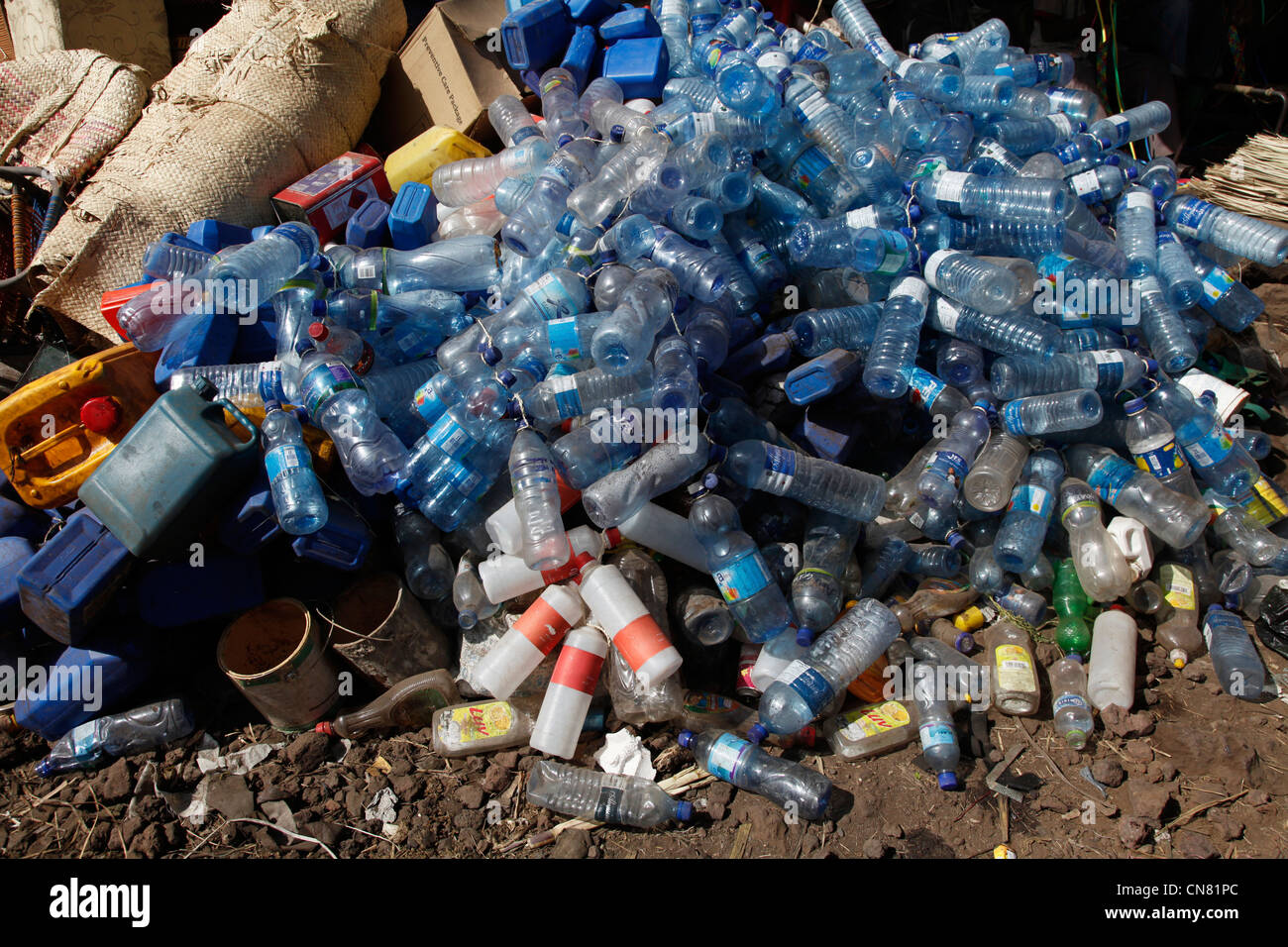 Water bottles sold for recycling in a market place in Ethiopia Stock