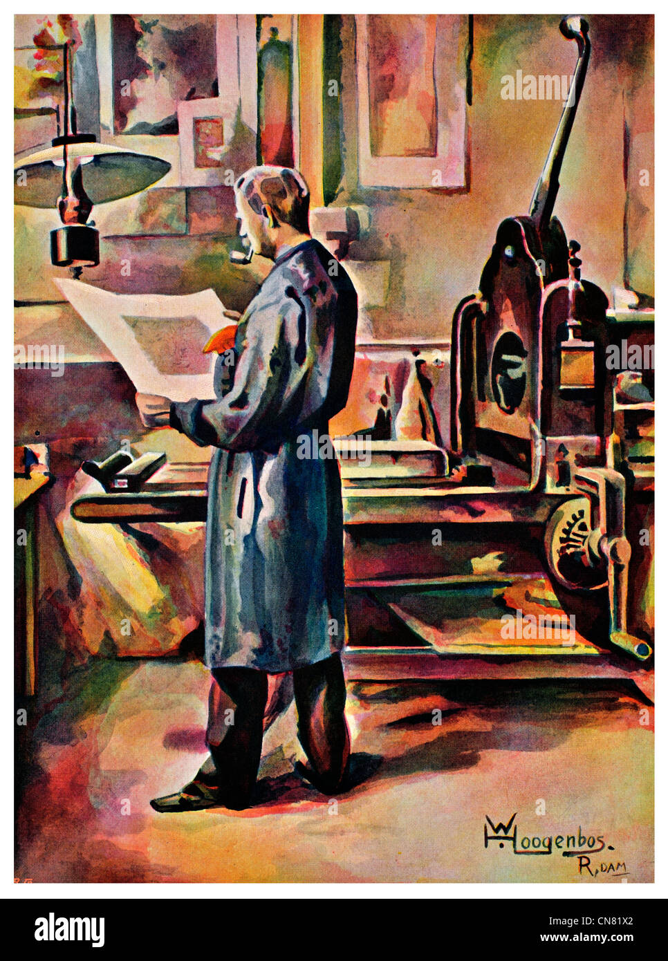 The Lithographer at work three color process sketch by Hoogenbos 1904 Stock Photo