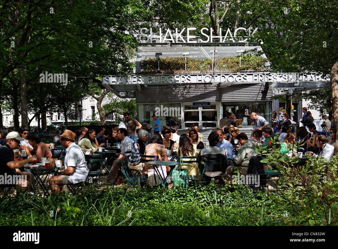 United States, New York City, Manhattan, Chelsea, Madison Square Park, Shake Shack Burger terrace Stock Photo