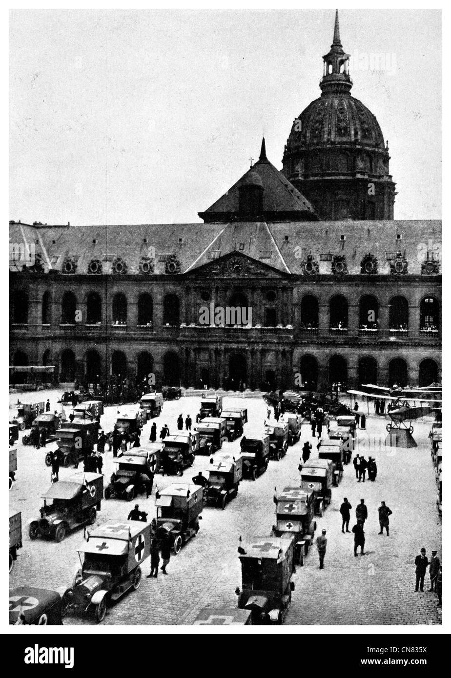 1917 Ambulance Fleet at Court of Honor Hotel des Invalides Paris Red Cross Stock Photo