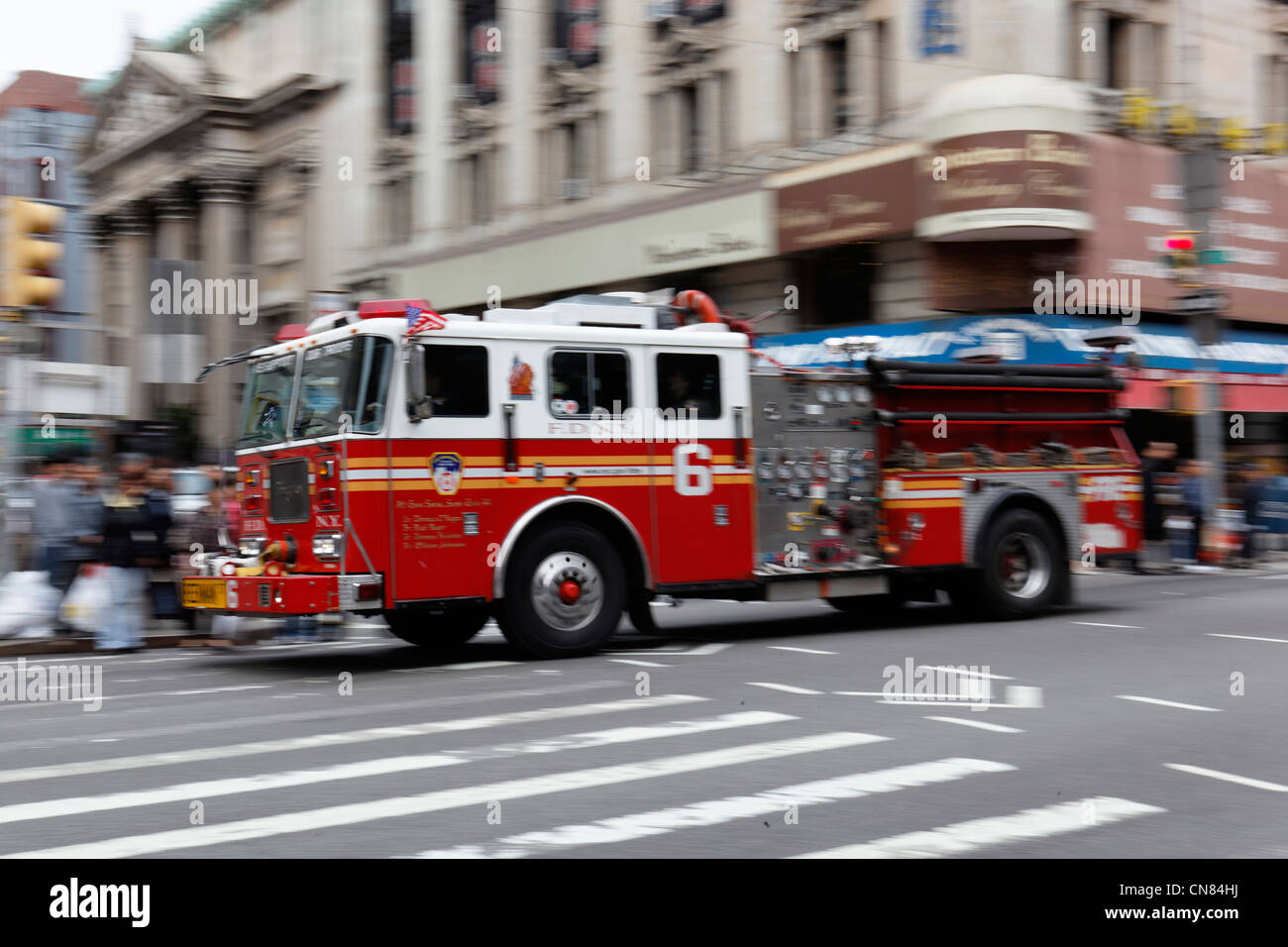 United States, New York City, Manhattan, fire truck in action Stock Photo