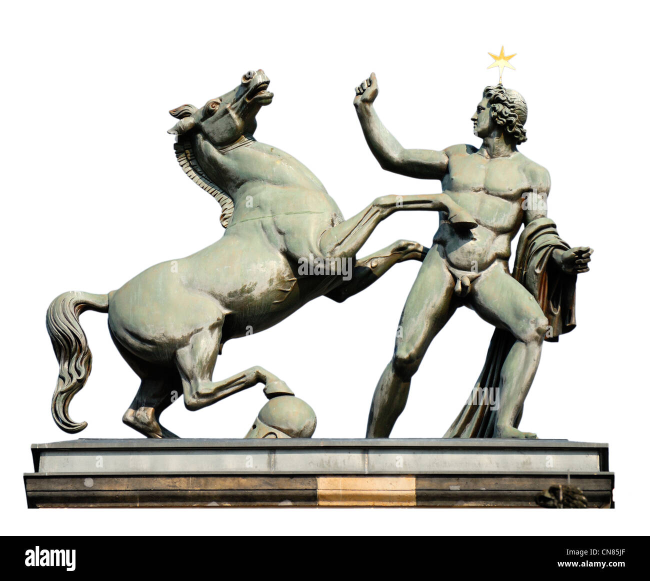 Berlin, Germany. Altes Museum. Bronze statue of Castor and horse (beside that of Pollux) Cut-out Stock Photo