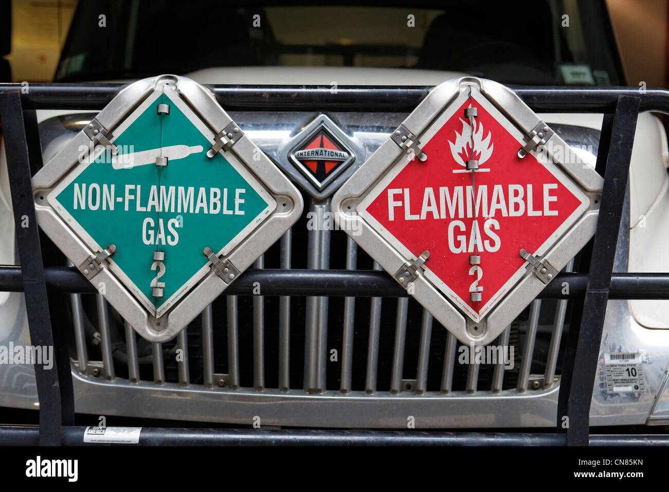 United States, New York City, Manhattan, panel flammable gas on a truck Stock Photo