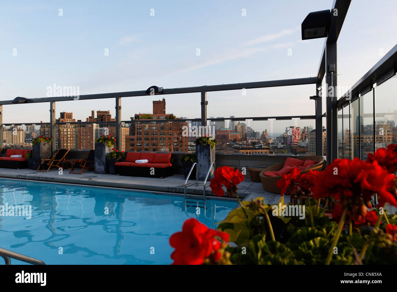 United States, New York City, Manhattan, Gansevoort Hotel, swimming pool on roof terrace, 18 Ninth avenue Stock Photo
