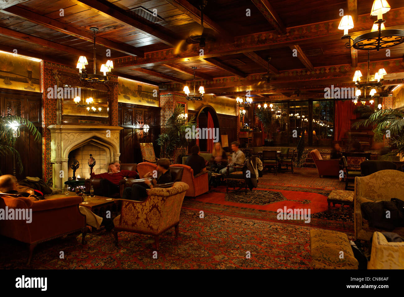 United States, New York City, Manhattan, Little Italy, The Bowery Hotel, lounge with fireplace, 335 Bowery Street Stock Photo