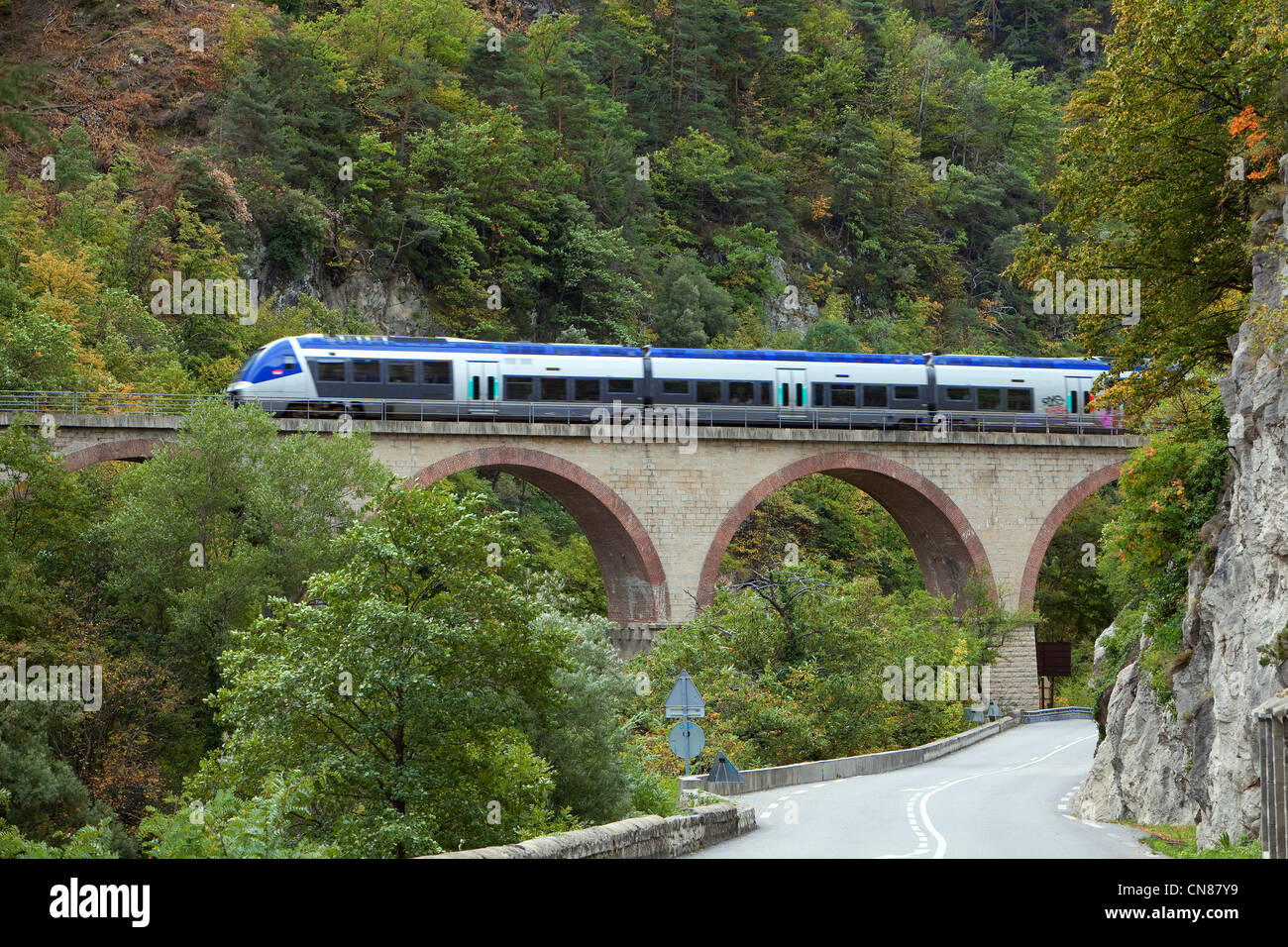 France, Alpes Maritimes, Roya Valley, to Saint Dalmas de Tende, train of the Vallee des Merveilles (Valley of Wonders), TER Stock Photo