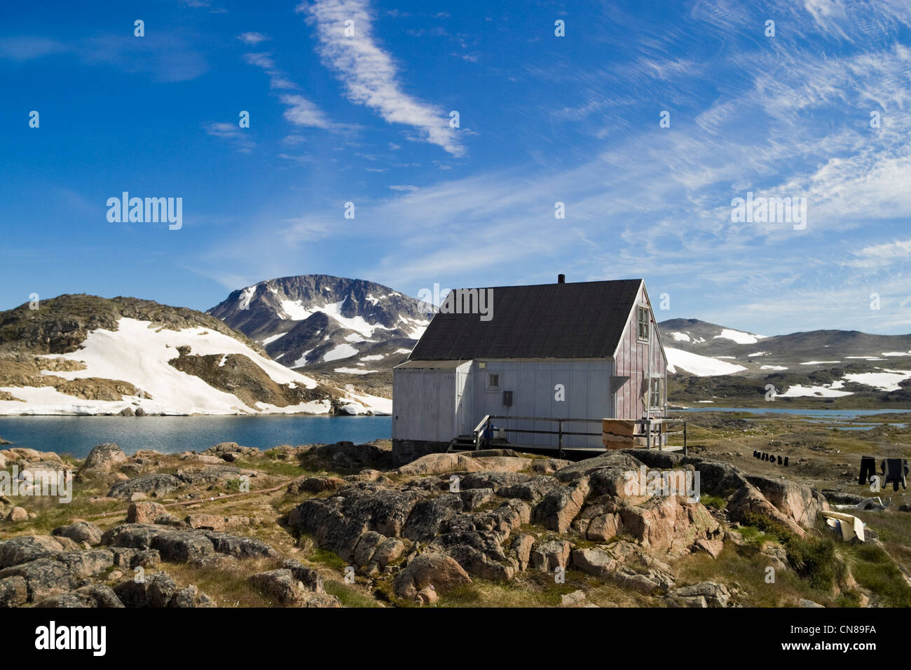Inuit house on the coast near Kulusuk, Greenland Stock Photo