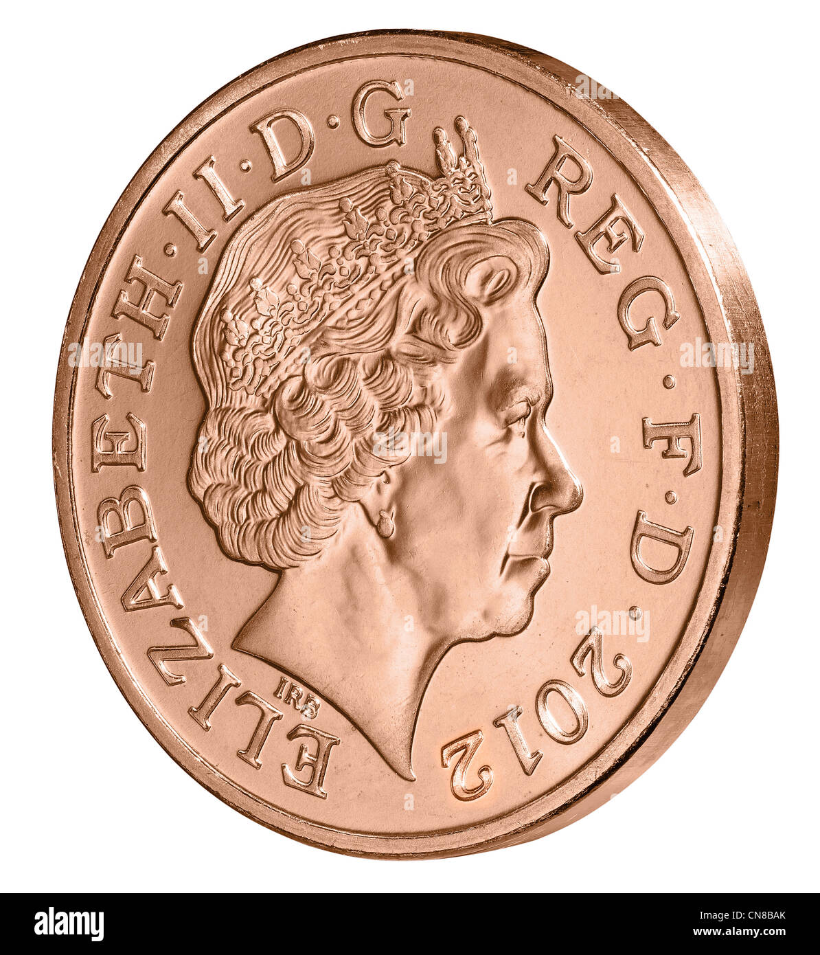 1p penny side on  copper one coin pence 2012 Stock Photo