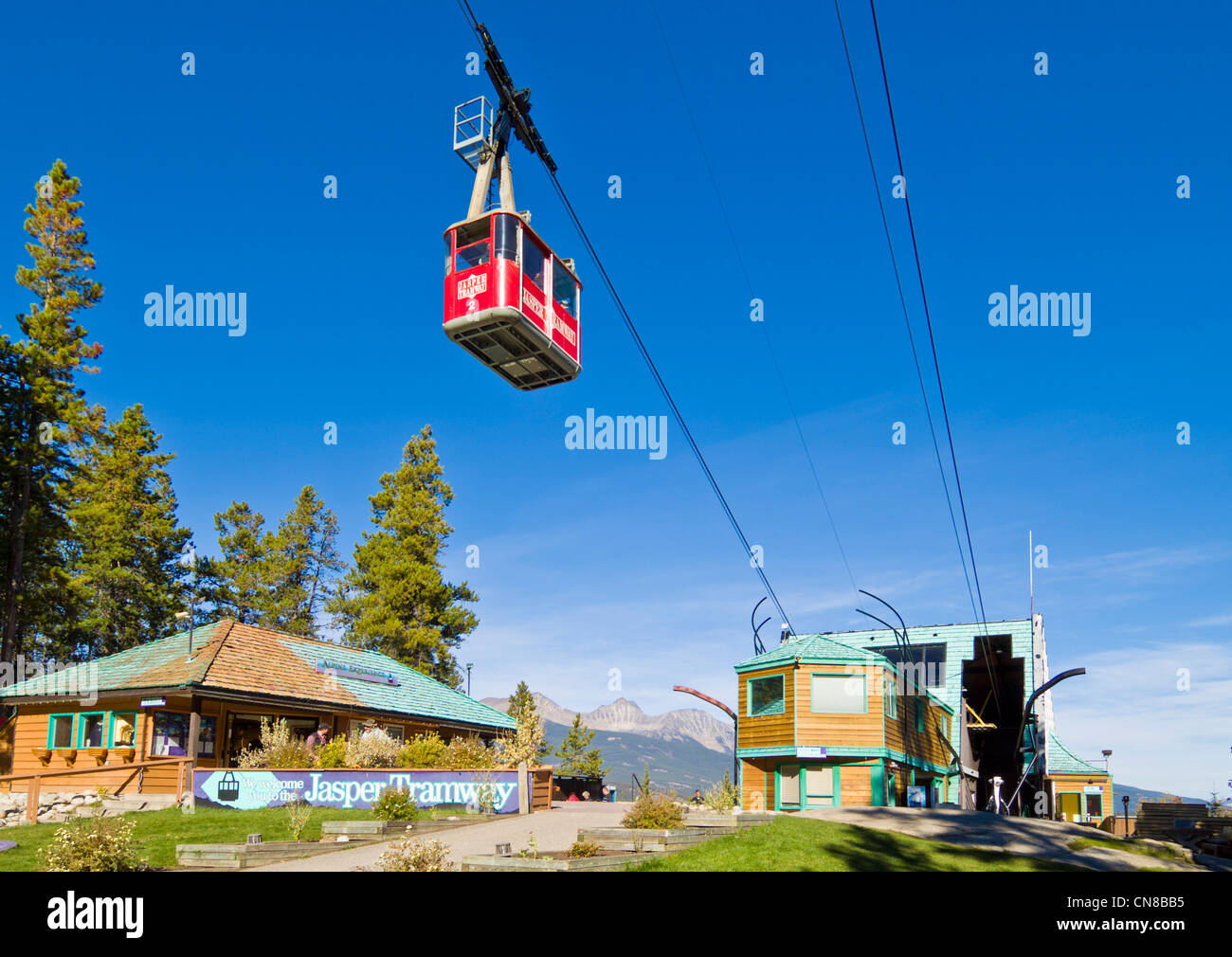 Red Gondola on the Jasper tramway rising up Whistler mountain Jasper