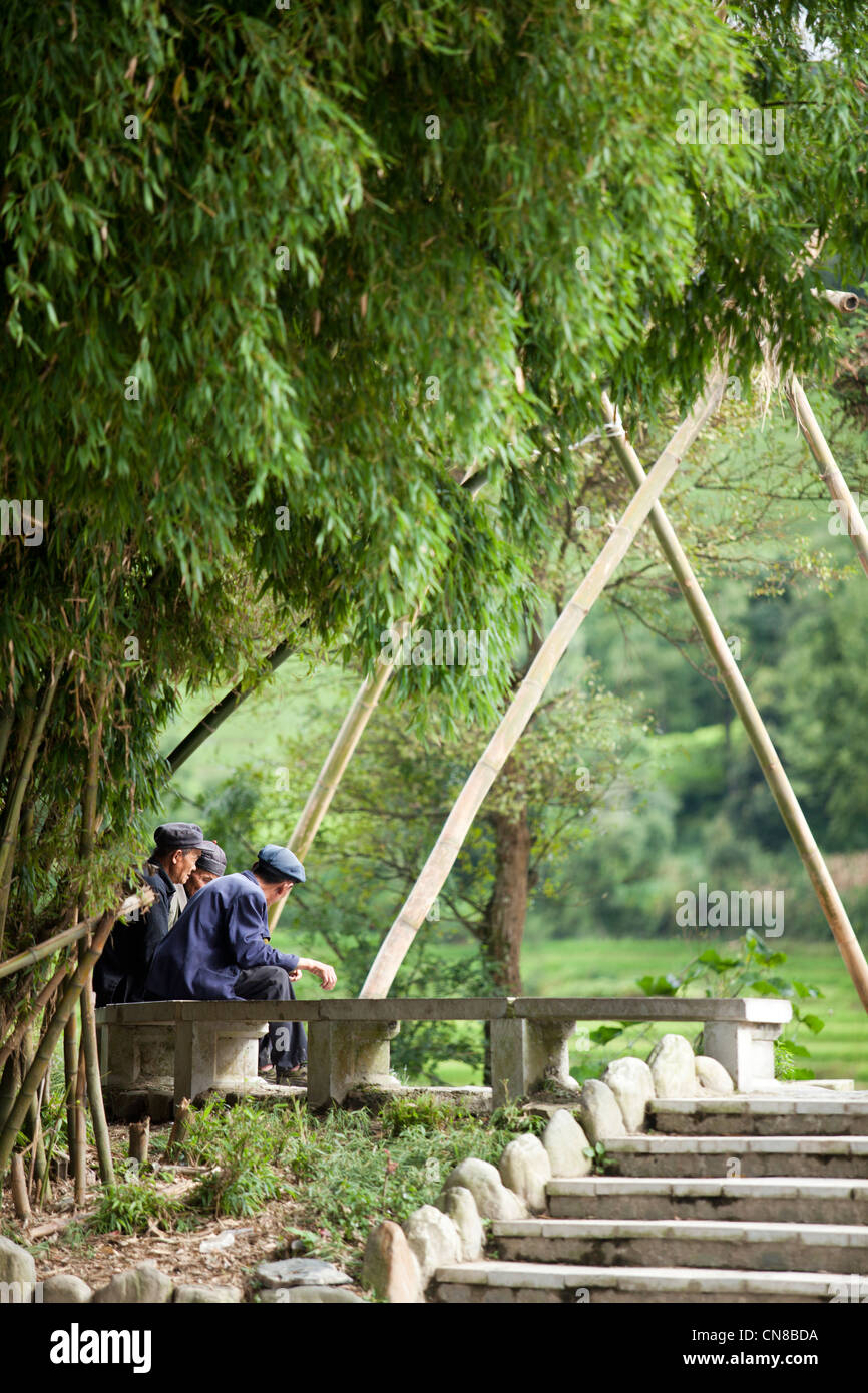Old Hani man talk under the bamboo tree in Xinjiezhen, Yuan Yang, YunNan, China Stock Photo