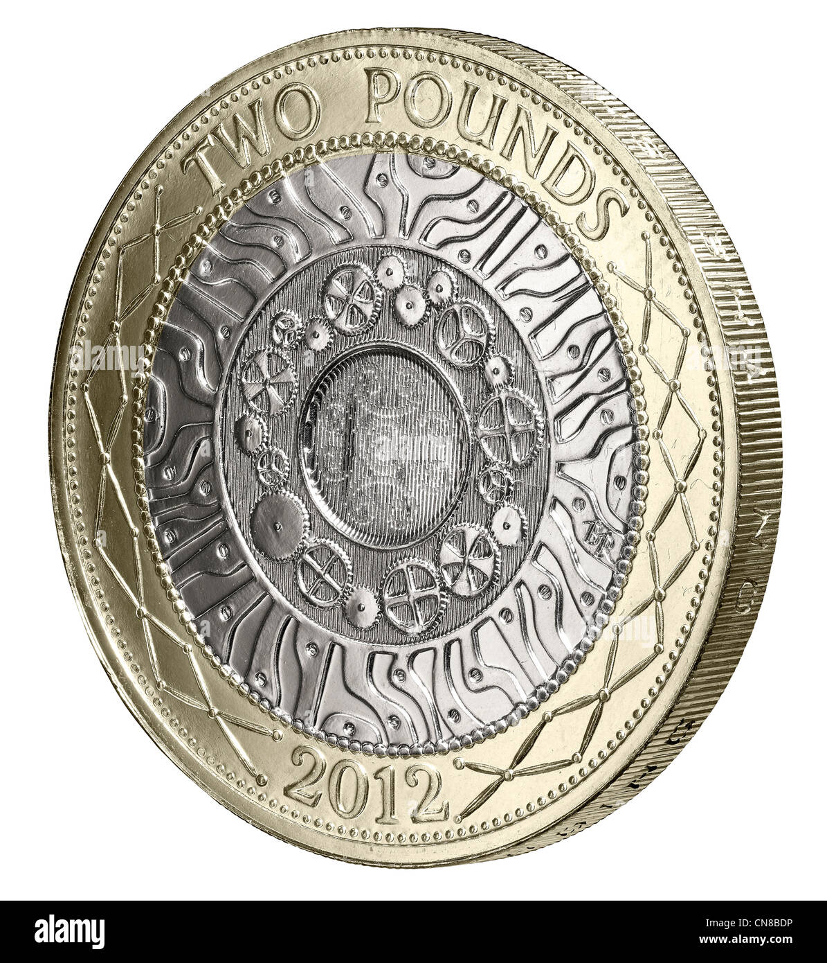 £2 two pound coin side on tails reverse 2012 Stock Photo