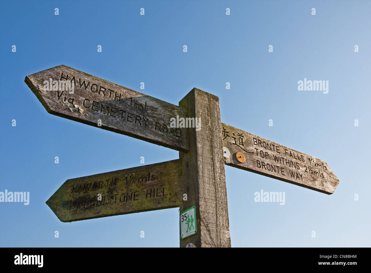 Wooden signpost on Bronte Way, near Haworth, West Yorkshire, with