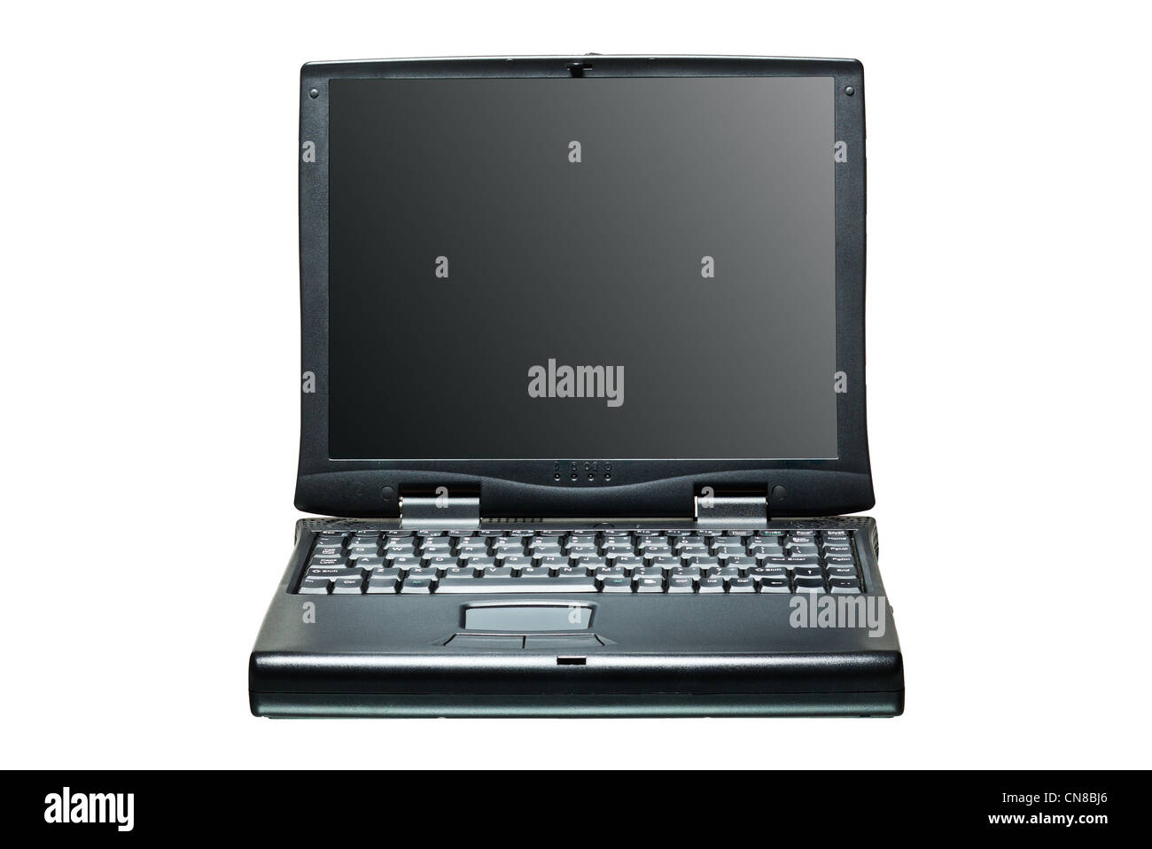 Black portable computer. Front view. Black screen Front view. Stock Photo