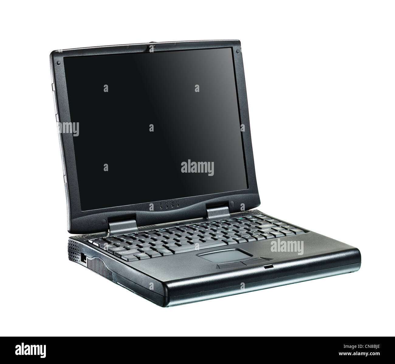 Black portable computer. Front view. Black screen Side view. Stock Photo