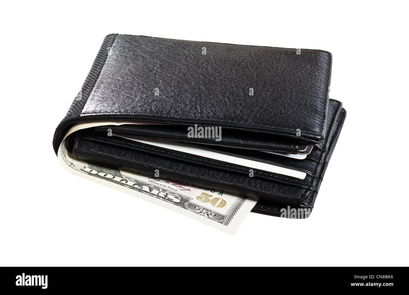 Black leather Wallet with cards and cash isolated on white background Stock Photo