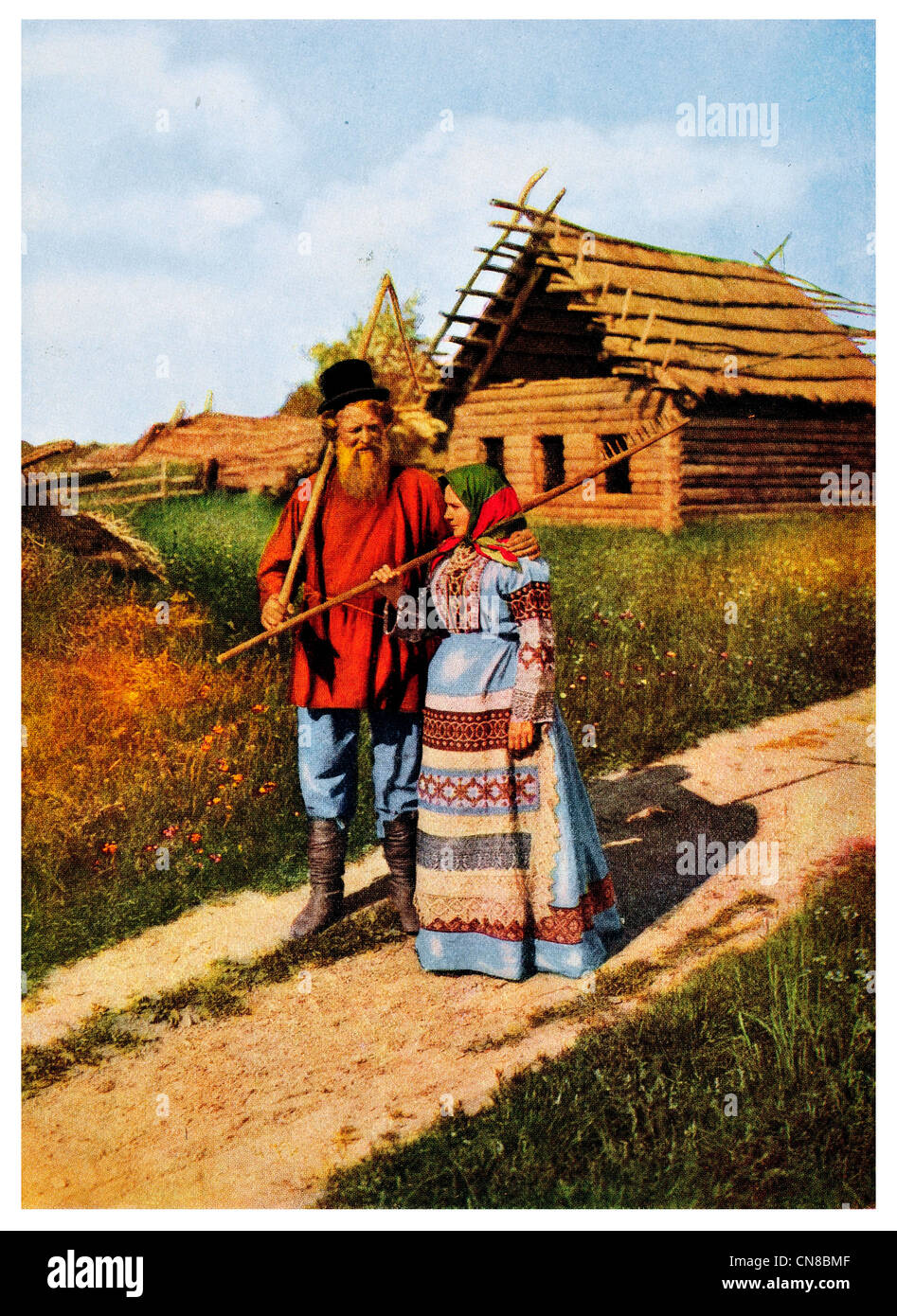 First published 1914 Russian Harvest Farmer and wife Stock Photo