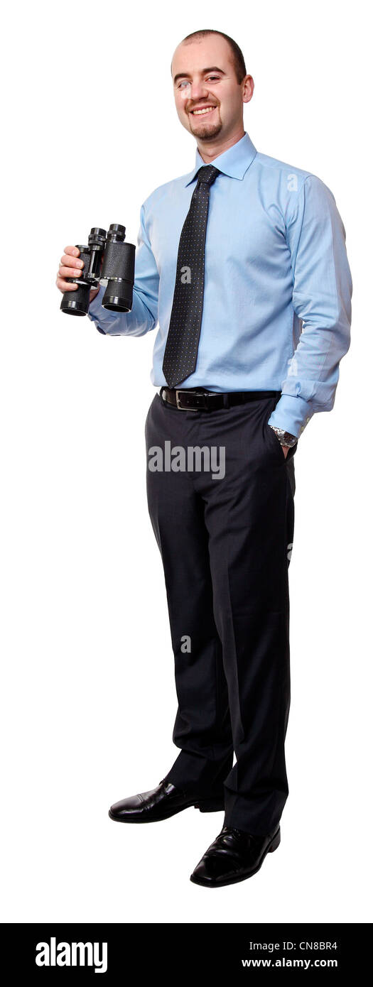 smiling businessman with binoculars isolated on white Stock Photo