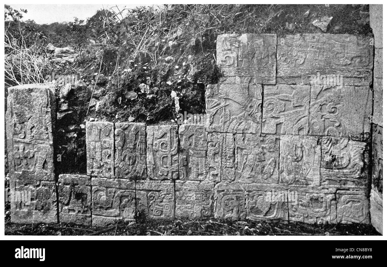 First published 1914 Maya ruin wall sculpture  america mexico mexican aztec maya pre-Columbian Maya civilisation excavation Stock Photo