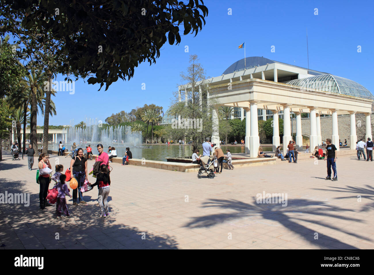 The Valencia Concert Hall and fountains in Turia Gardens Valencia Spain