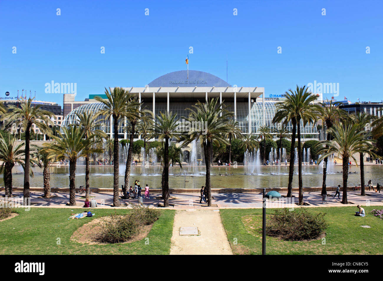 The Valencia Concert Hall and fountains in Turia Gardens Valencia Spain