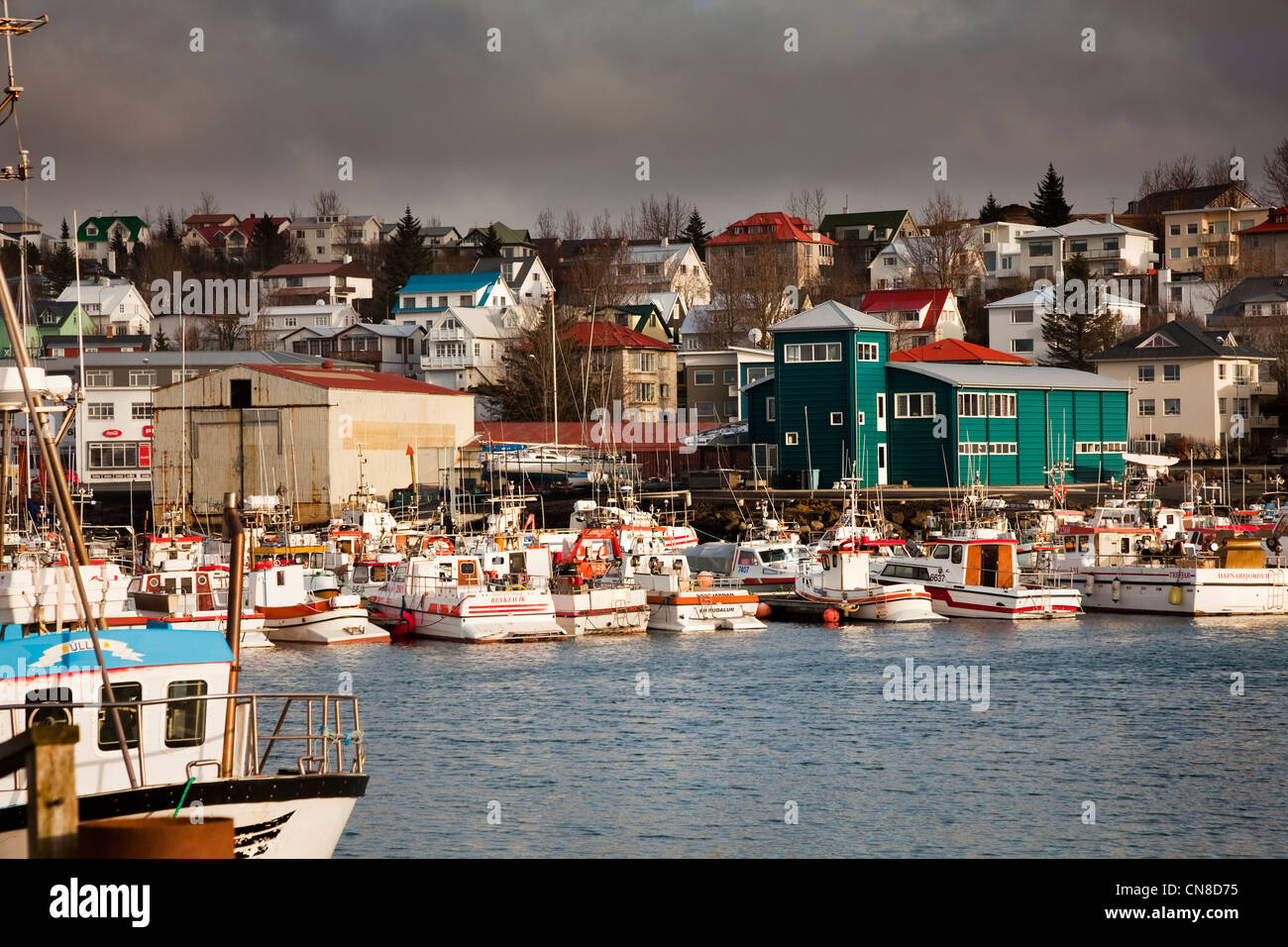 Hafnarfjörður Harbour, Iceland. Beautiful fishing port with boats and ...