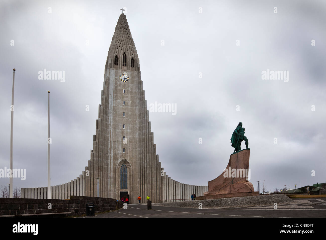 Reykjavik, Iceland. Hallgrímskirkja church, with Leif Eriksson Memorial in front. Stock Photo