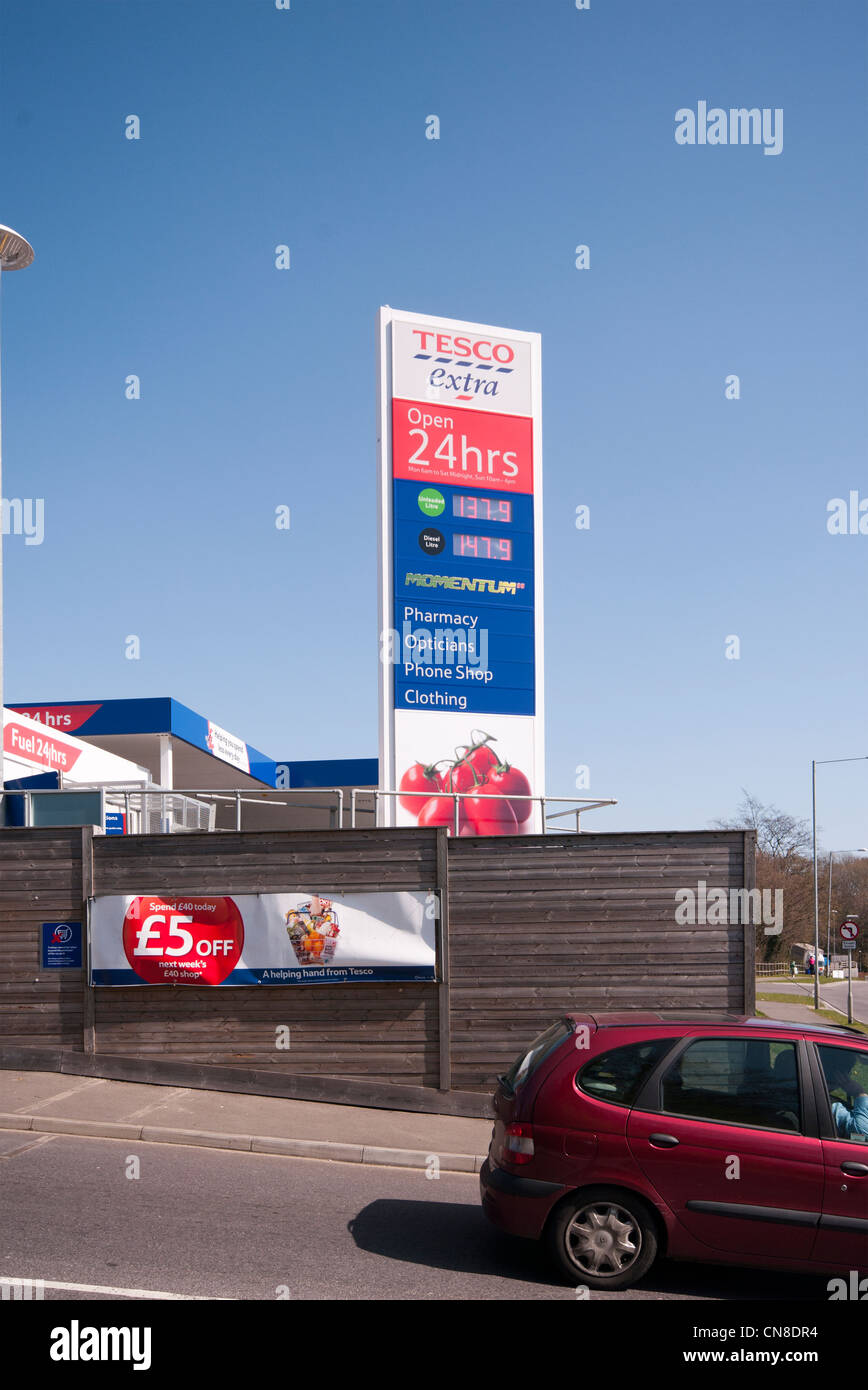 Tesco Extra Supermarket Petrol Fuel Price Sign UK Stock Photo