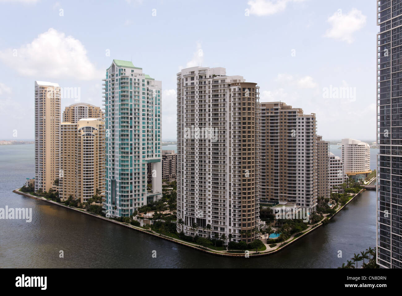 View from the Brickell neighborhood of Miami towards Brickell Key, a small island covered in apartment towers. Stock Photo
