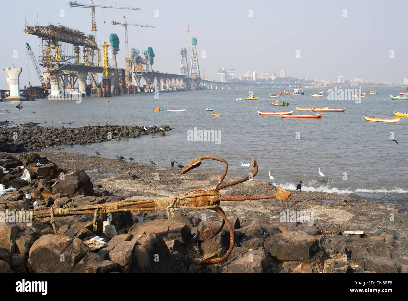 Bandra–Worli Sea Link (BWSL) during it's construction phase - Mumbai, India Stock Photo