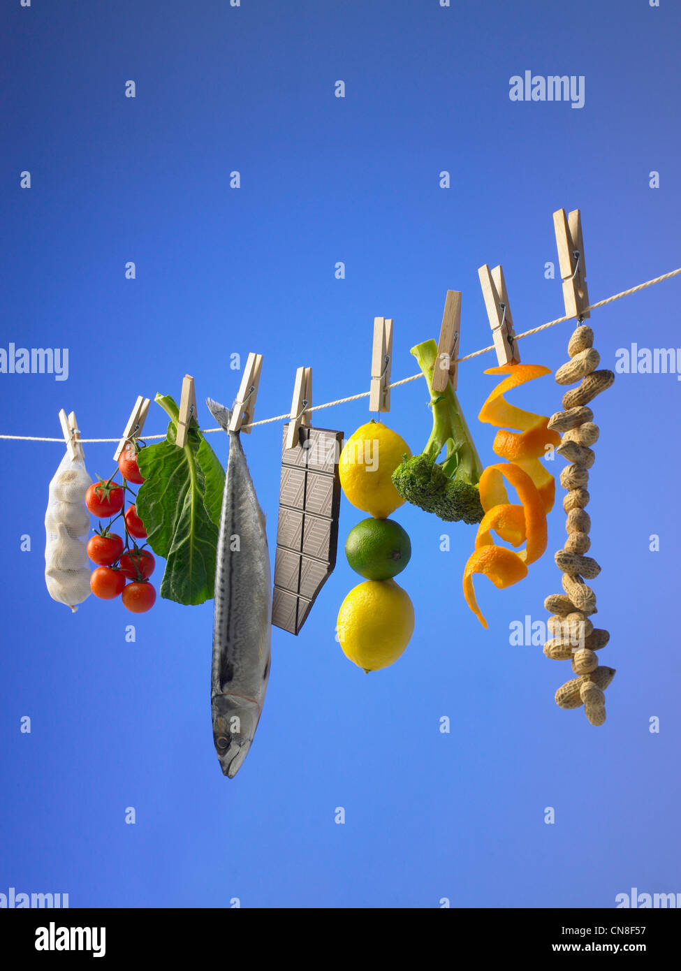 Healthy foods pegged to a washing line Stock Photo Alamy