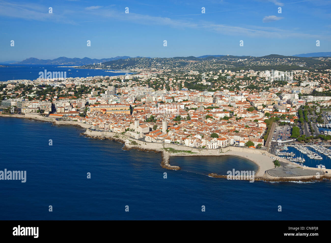 France, Alpes Maritimes, Antibes, old town and Cathedral Notre Dame de la Plata in the foreground (aerial view) Stock Photo
