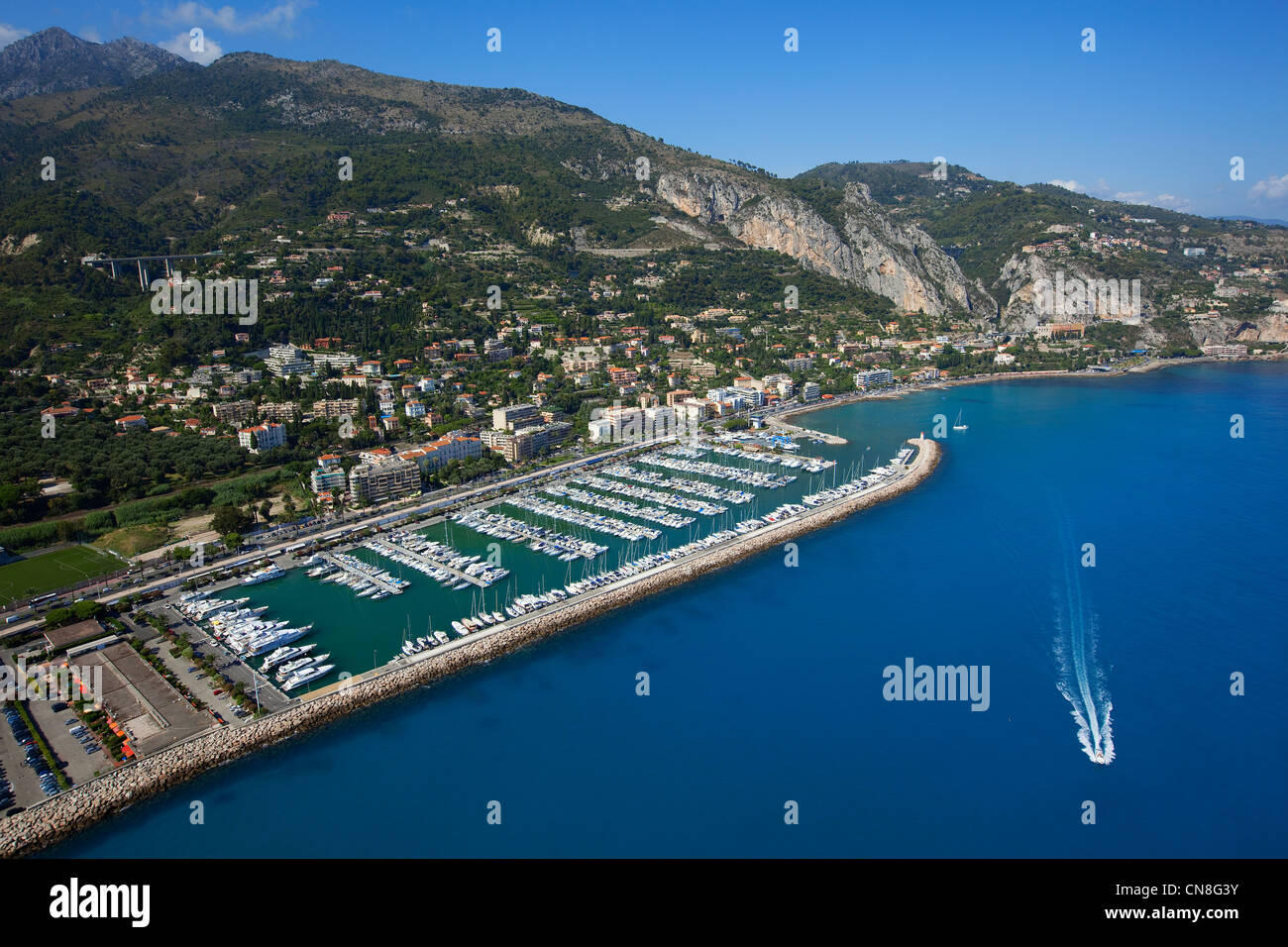 France, Alpes Maritimes, Menton, Menton Garavan port (aerial view Stock