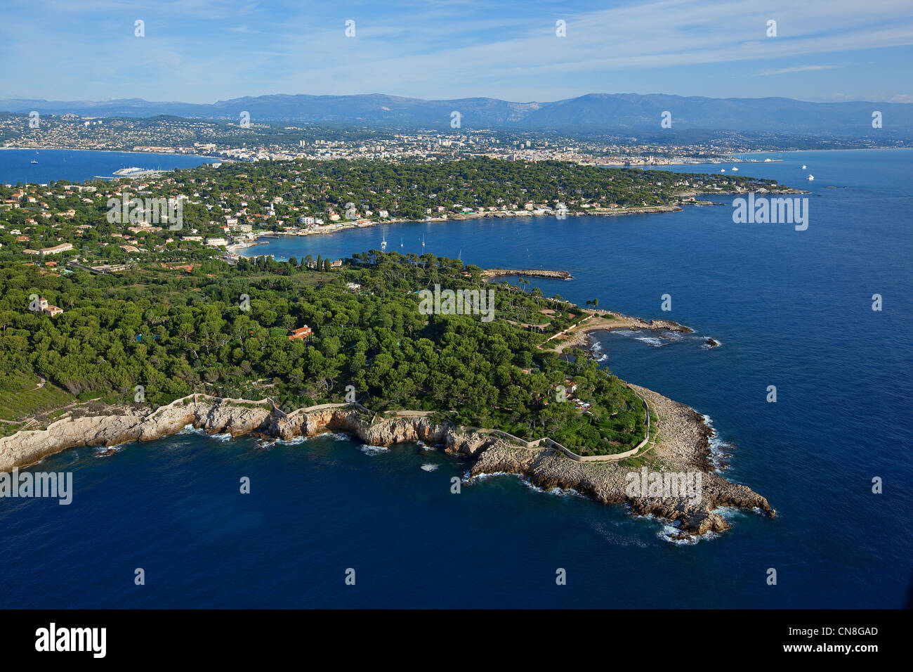 France, Alpes Maritimes, Antibes, Cap d'Antibes, Cap Gros, Garoupe beach in the background (aerial view) Stock Photo