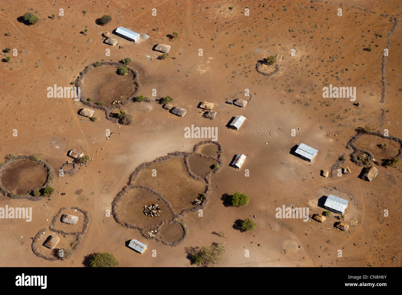 Settlement in Maasai land, aerial view, Malambo, Arusha Region