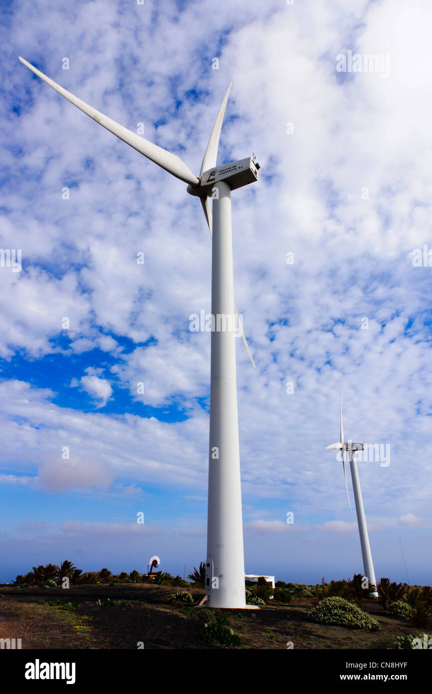 Eolicas de Lanzarote, SL. Power generation wind farm on high ridge to north west of island between Teguise and Haria. Stock Photo