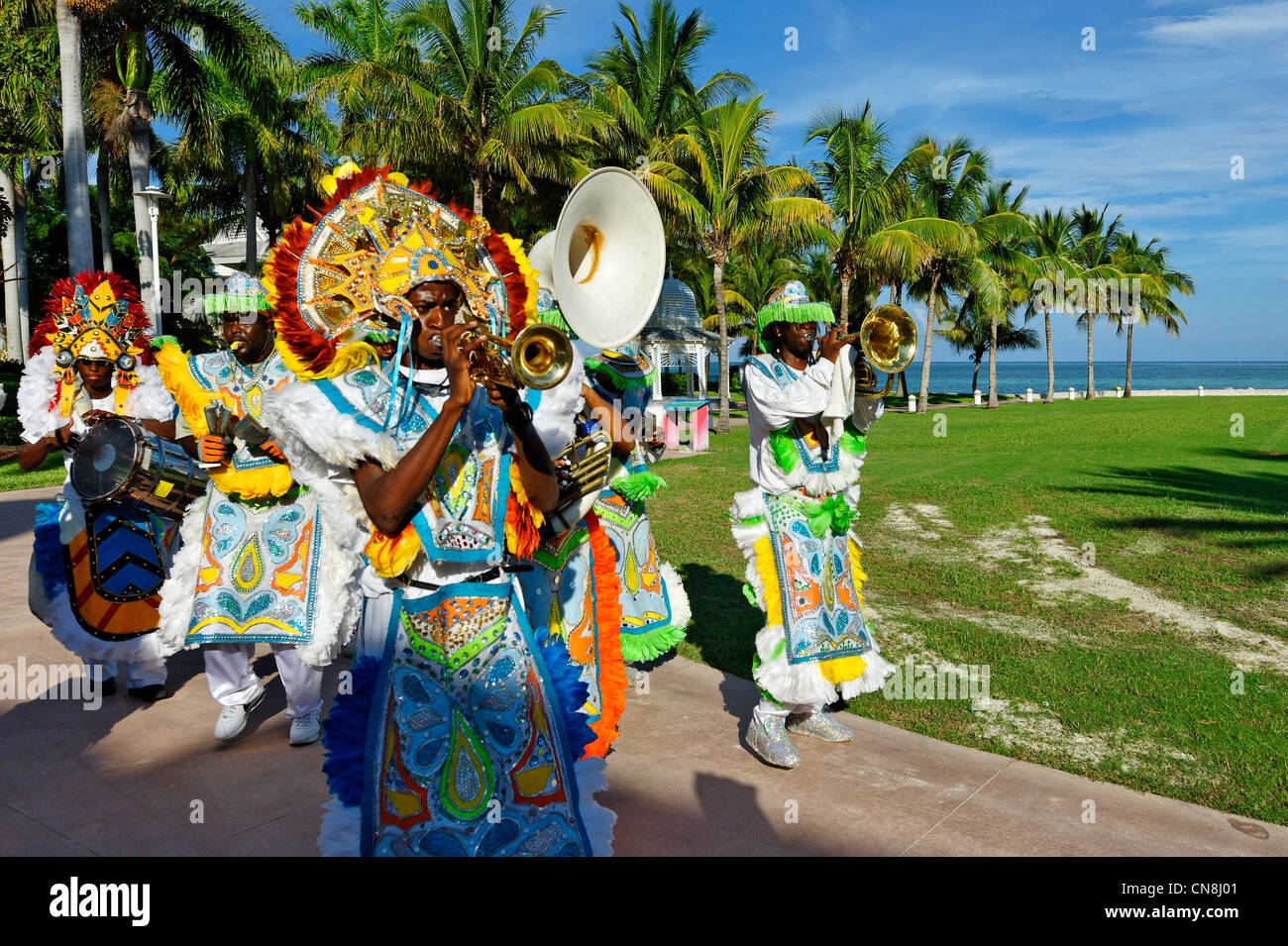 Bahamas, Grand Bahama Island, Freeport, Lucaya Beach, carnaval summer resumption of famous Junkanoo celebration slaves Stock Photo